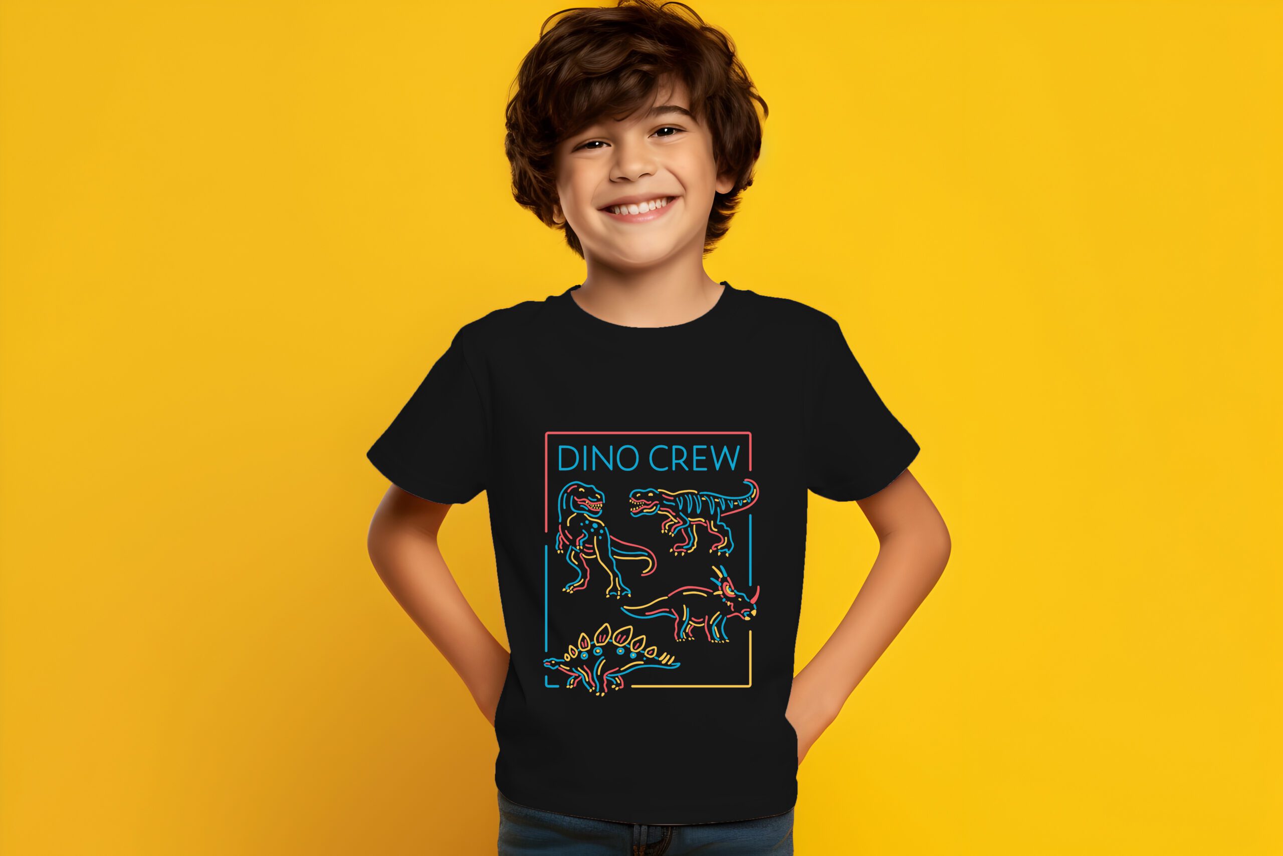 Male child, boy wearing bella canvas white shirt mockup, at yellow background. Design tshirt template, print presentation mock-up. AI generated.