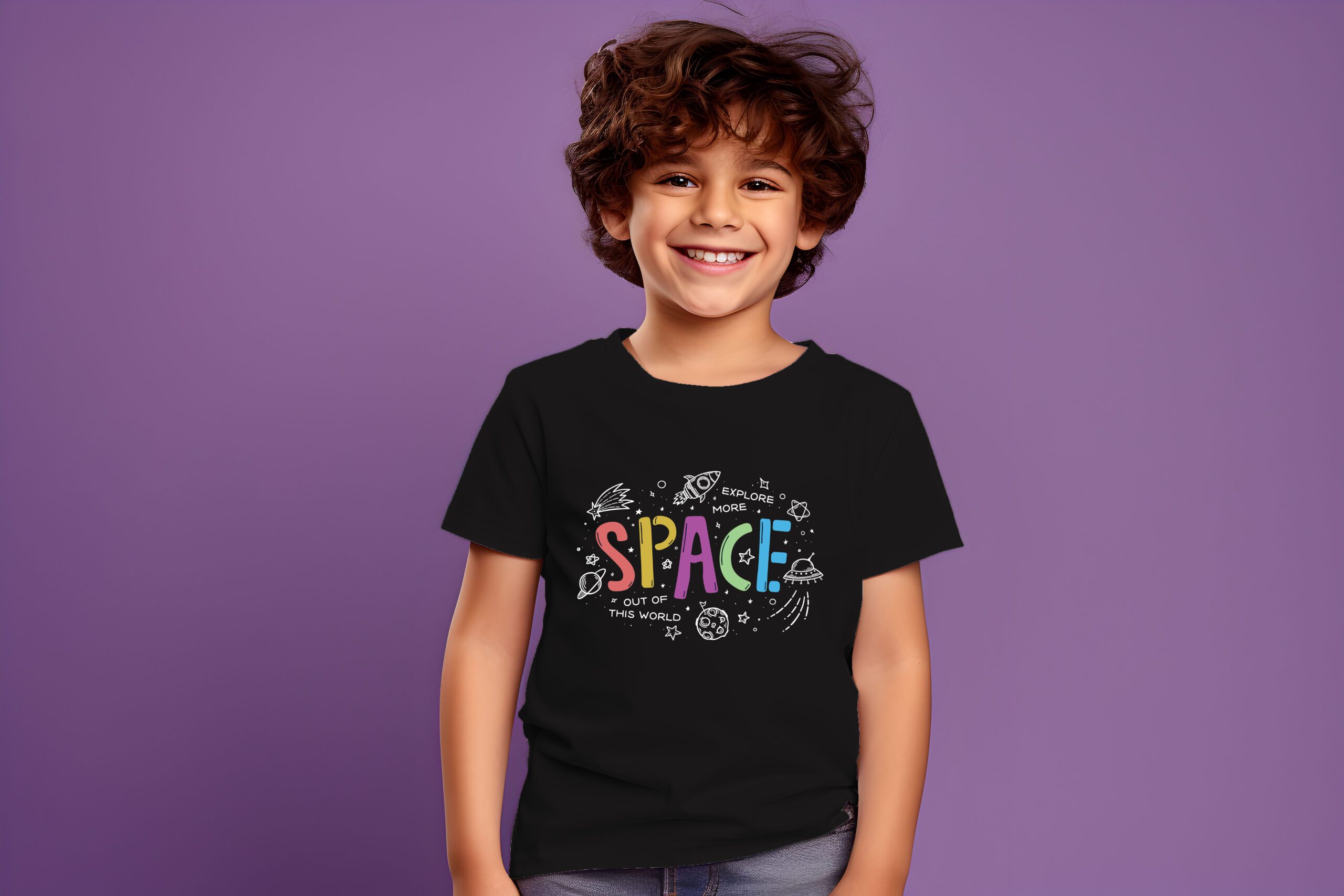 Male child, boy wearing bella canvas white shirt mockup, at purple background. Design tshirt template, print presentation mock-up. AI generated.