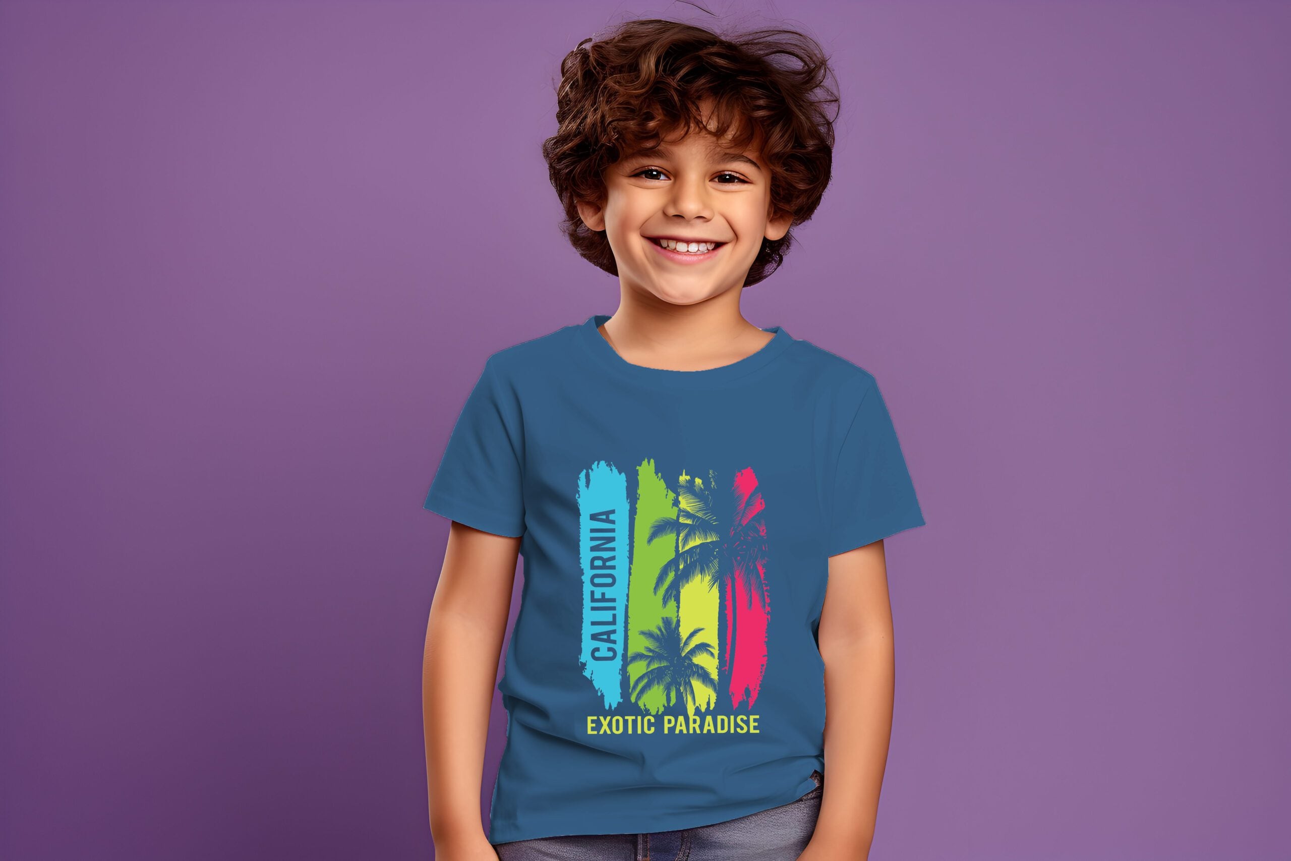 Male child, boy wearing bella canvas white shirt mockup, at purple background. Design tshirt template, print presentation mock-up. AI generated.