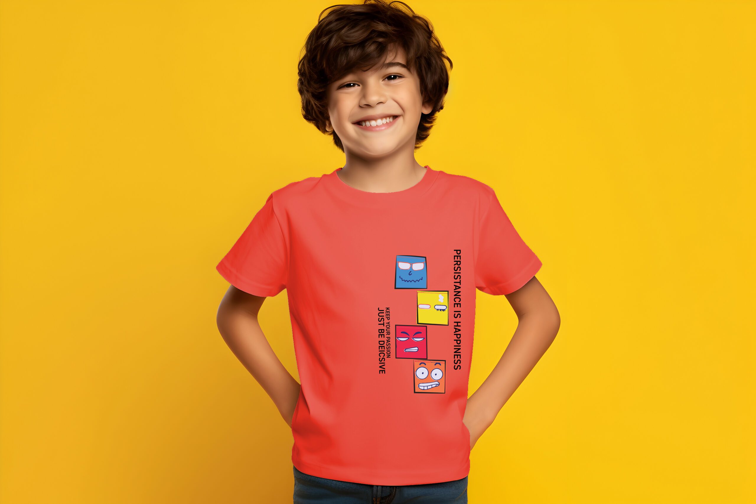 Male child, boy wearing bella canvas white shirt mockup, at yellow background. Design tshirt template, print presentation mock-up. AI generated.