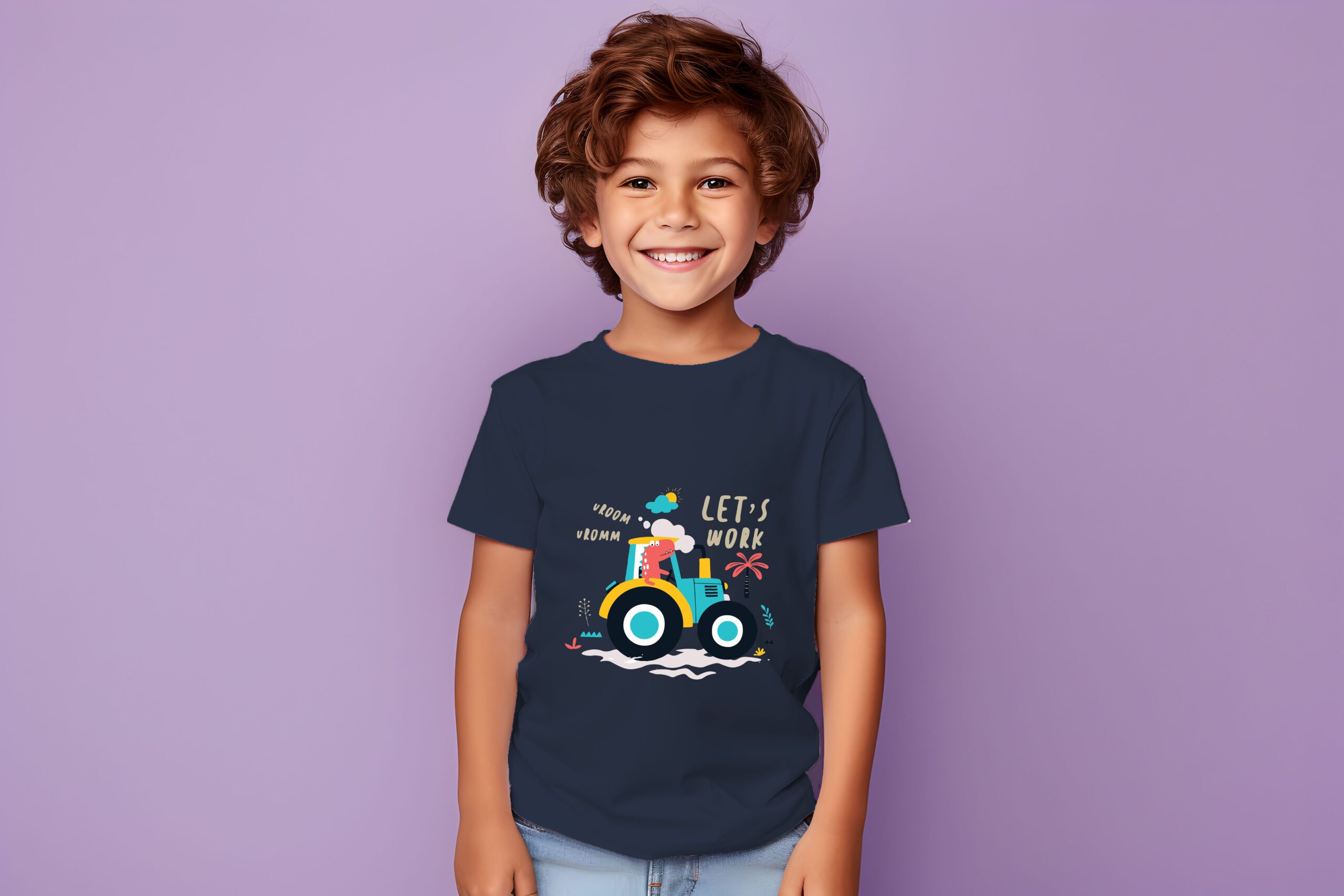 Male child, boy wearing bella canvas white shirt mockup, at purple background. Design tshirt template, print presentation mock-up. AI generated.