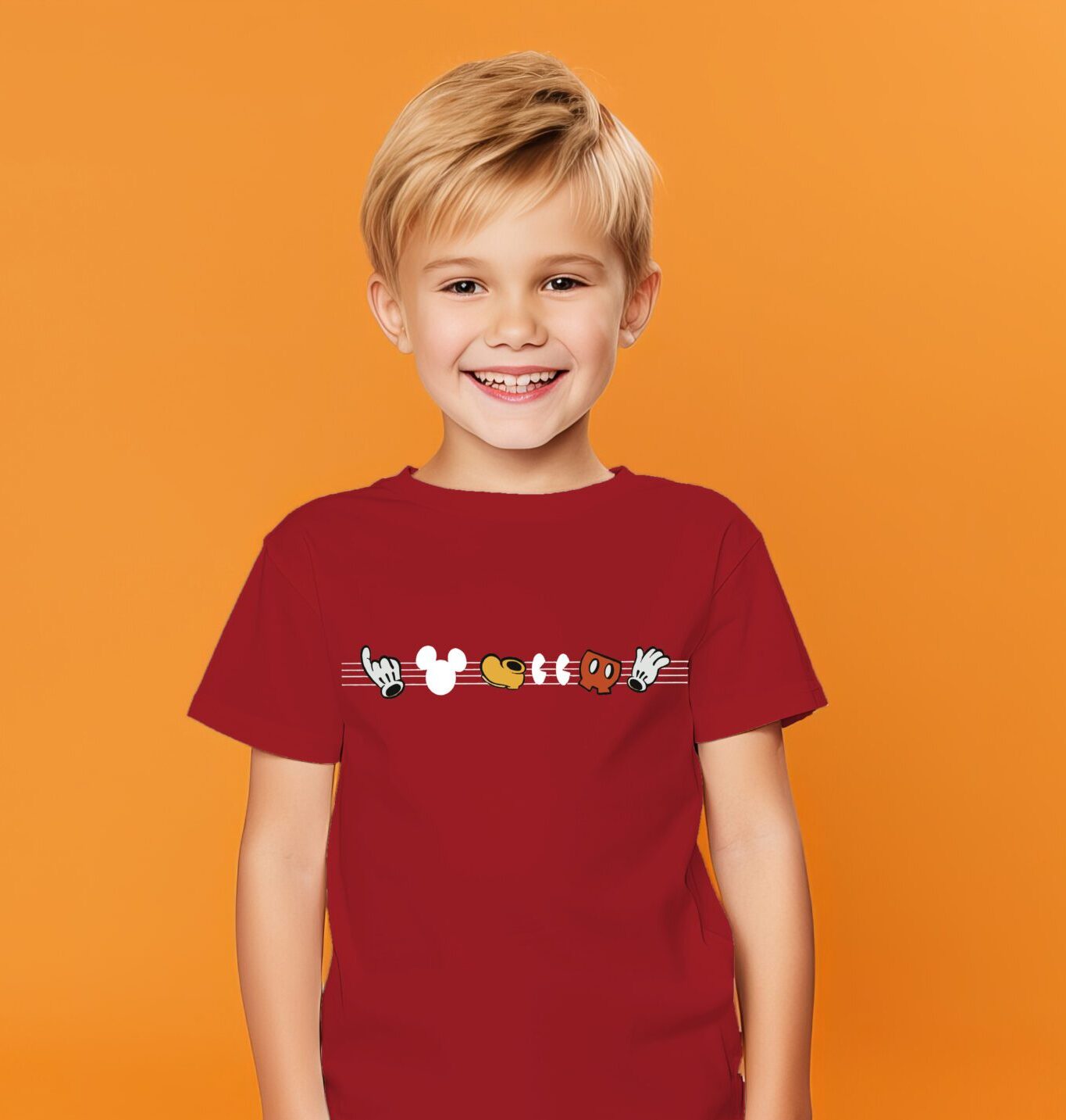 A portrait shot of a blonde little kid wearing a white t-shirt with orange background