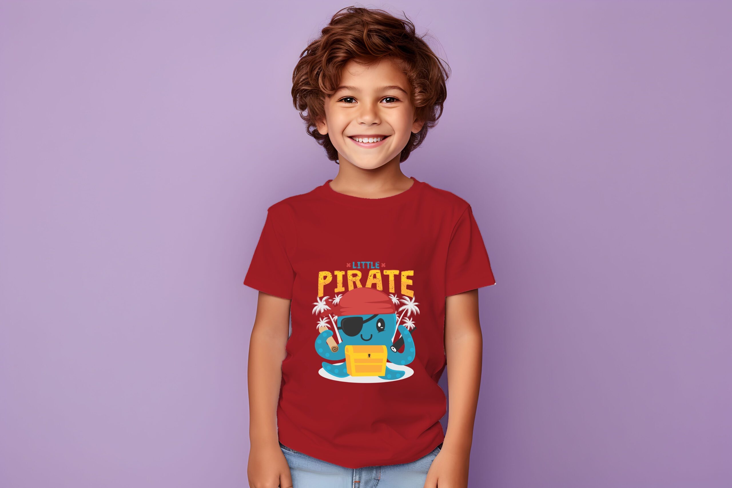 Male child, boy wearing bella canvas white shirt mockup, at purple background. Design tshirt template, print presentation mock-up. AI generated.